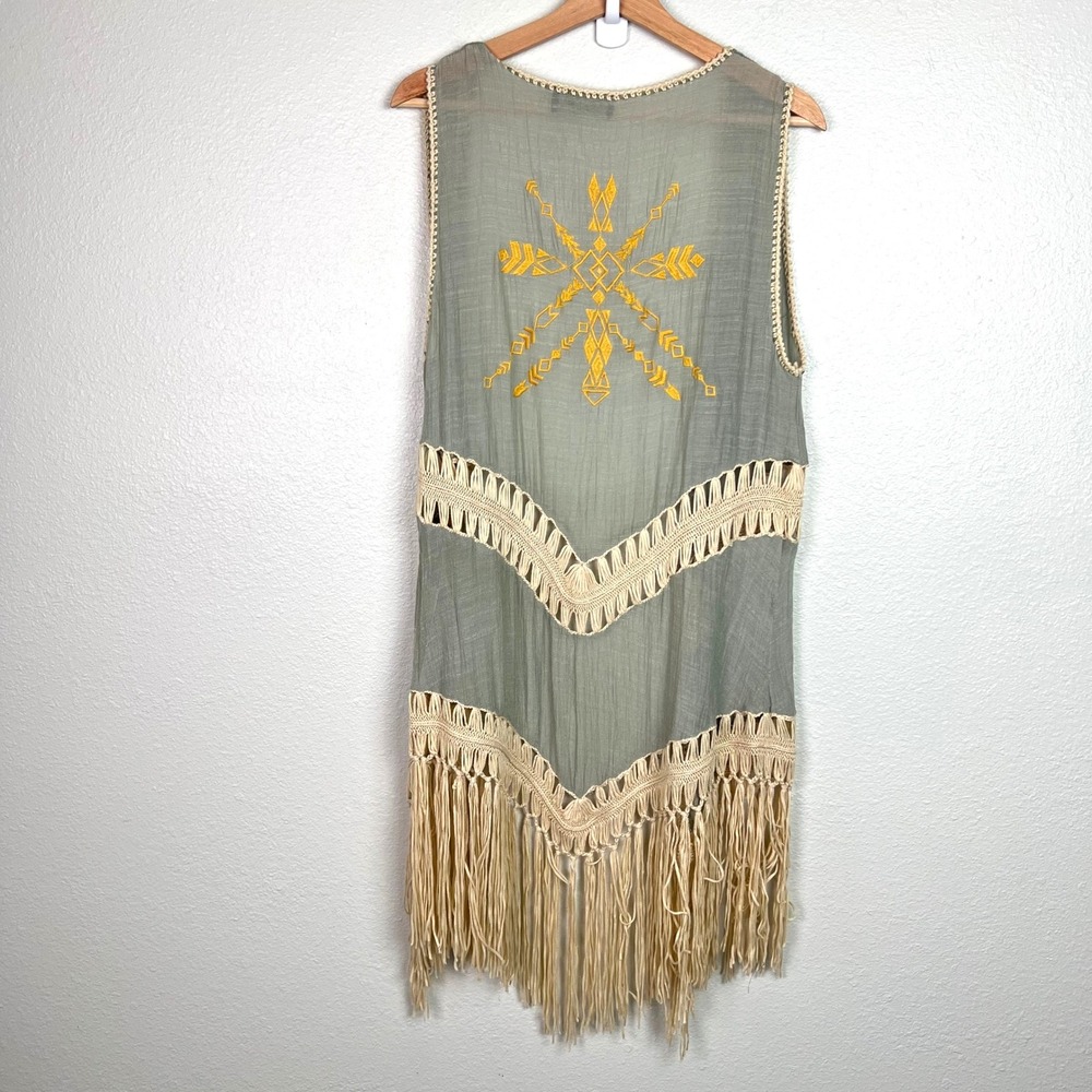Rosario Sage Blue Embroidered‎ Fringe Boho Vest Small Open Front Crochet Trim